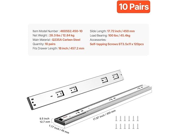 VEVOR 10 Pairs of 18 Inch Drawer Slides Side Mount Rails