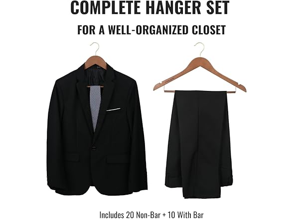 Sukkiri Non-Slip Wooden Suit Hangers with Locking Bar, Set of 30