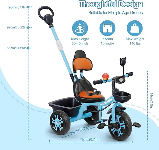 Kids Tricycle w/ Push Bar Storage Basket- Choose Color - Gallery 15