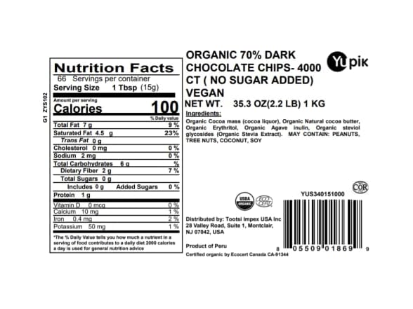 Yupik Organic Dark Choc Chips 70% 2.2lb