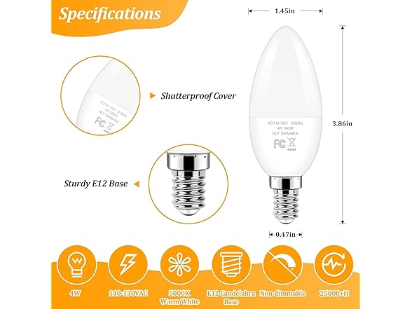 Brightever C37 Candelabra Bulbs 12P