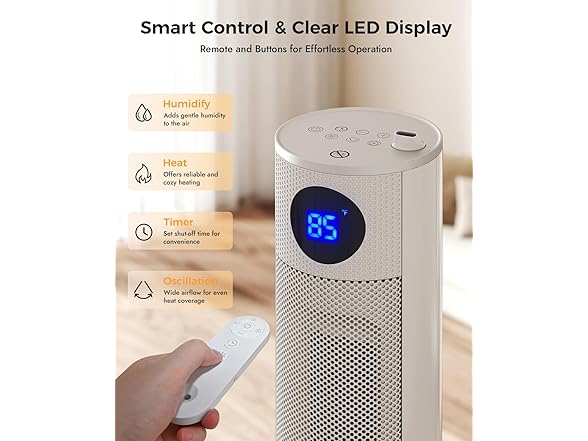 Oylus Space Heaters for Indoor Use - Portable Tower Heater with Humidifier, Remote, Adjustable Thermostat, 3 Heat Modes, Multiple Safety Protection, 12H Timer, Quiet Electric Heater for Bedroom (Open Box)