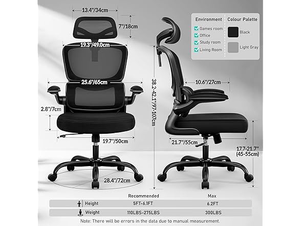 BESTFAIR High Back Ergonomic Office Chair, Breathable Mesh Desk Chair with Lumbar Support, Adjustable Headrest, Flip-up Armrests, Computer Gaming Chair, (Black) (Open Box)
