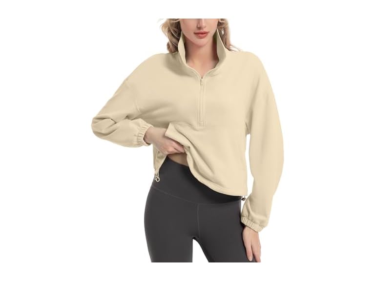 FKEEP Quarter Zip Pullover Women Cropped Sweatshirt Long Sleeve Crop Top Stand Collar Drawstring Casual Pullover Apricot