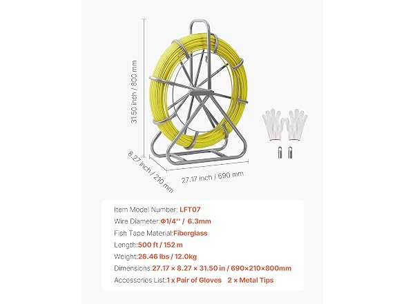 VEVOR Fish Tape Fiberglass, 500FT 6.3MM