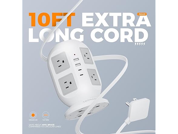 TESSAN 10ft Cord Power Tower (8 Outlets, 2 USB-C, 2 USB-A)