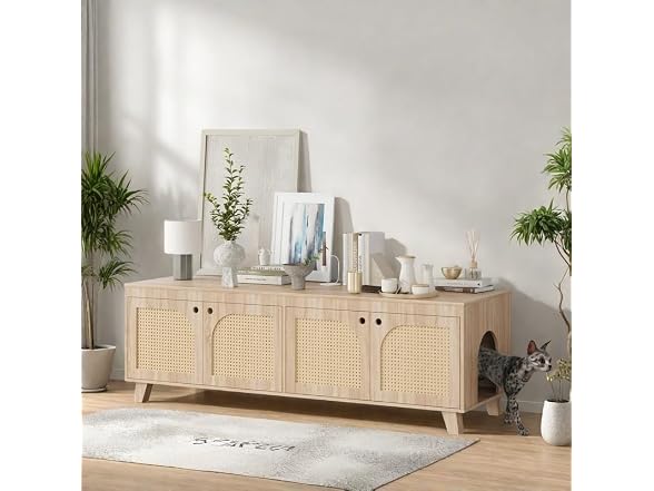 FONTOI Rattan Cat Litter Box Enclosure with Decorated Doors