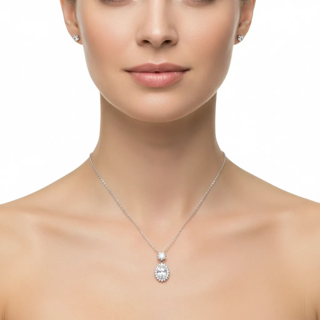 Moissanite Diamond Oval Halo Necklace - Gallery 8