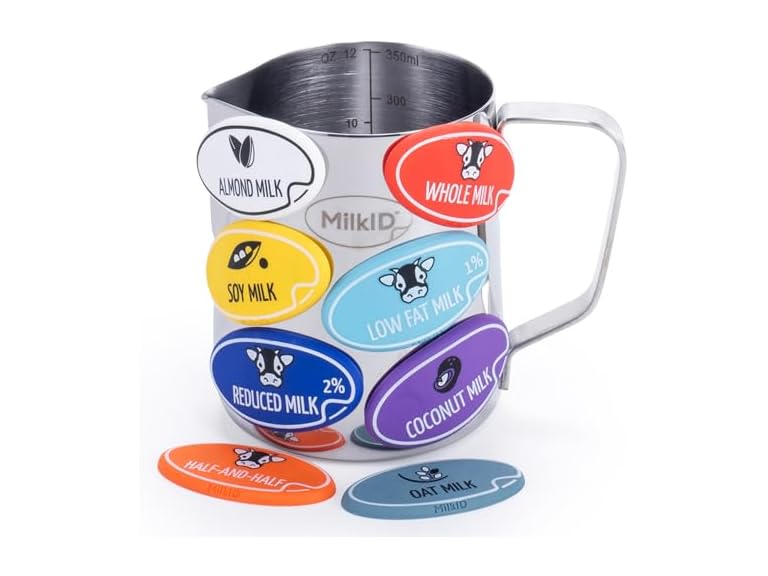 MilkID Milk Frothing Pitcher with Snap-On Labels
