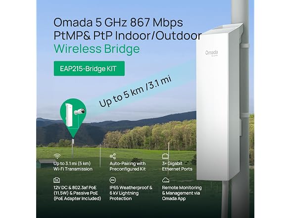 Omada 5GHz AC867 Wireless Bridge, 5km Distance, Gigabit(EAP215-Bridge KIT) (Open Box)