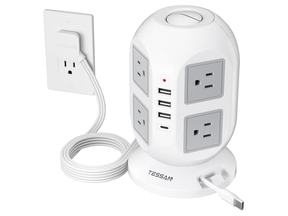 TESSAN 10ft Cord Power Tower (8 Outlets, 2 USB-C, 3 USB-A)
