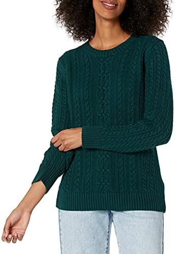 Amazon Essentials Women's Soft Fisherman Cable Long-Sleeve Crewneck Sweater (Available in Plus Size), Deep Green, X-Large