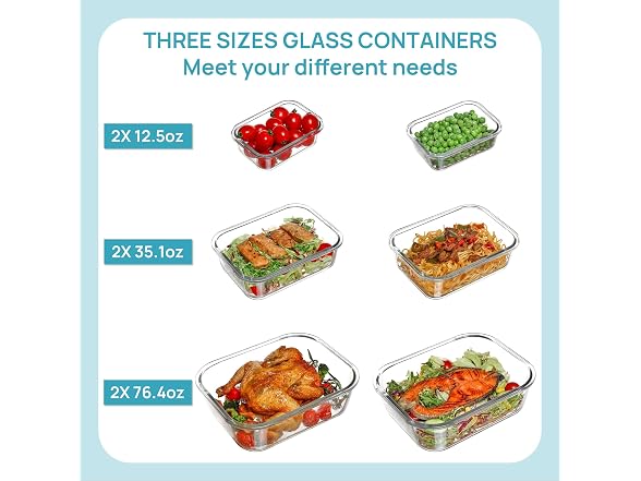 Vtopmart Grey Variety 6 Pack 76oz Glass Containers W/ Lids