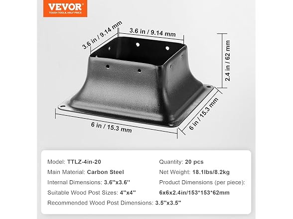 4x4 Post Base 20Pcs, Internal 3.6"x3.6" Heavy