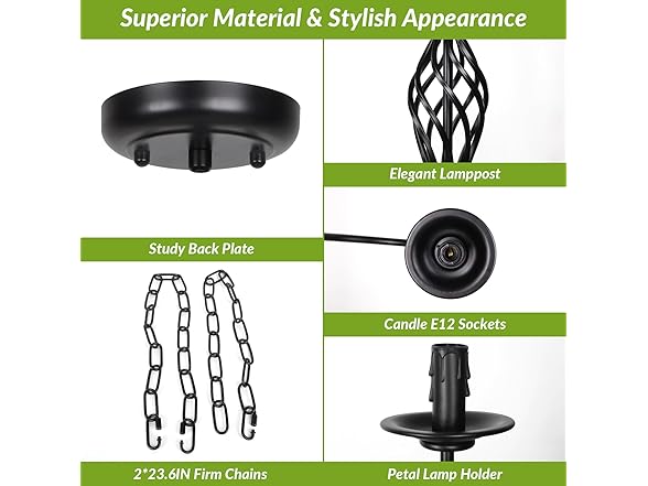 12-Light Farmhouse Candle Chandelier, Matte Black