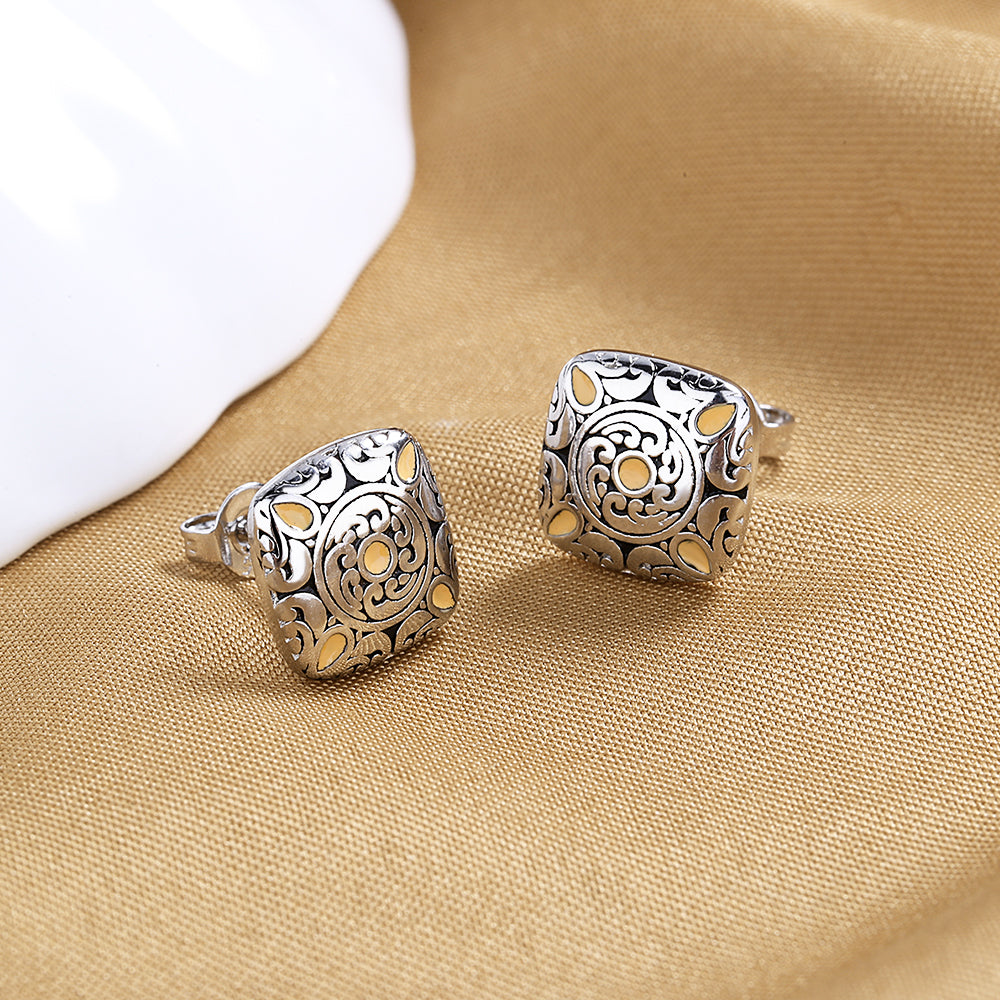 Silver Two Tone Artisan Stud Earring - Gallery 4