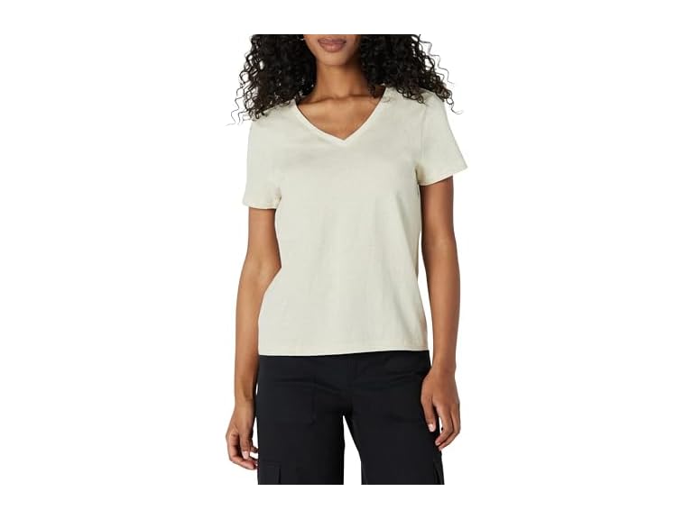 Amazon Essentials Women's Regular Fit 100% Cotton V-Neck Short Sleeve T-Shirt, Sand Heather, Large