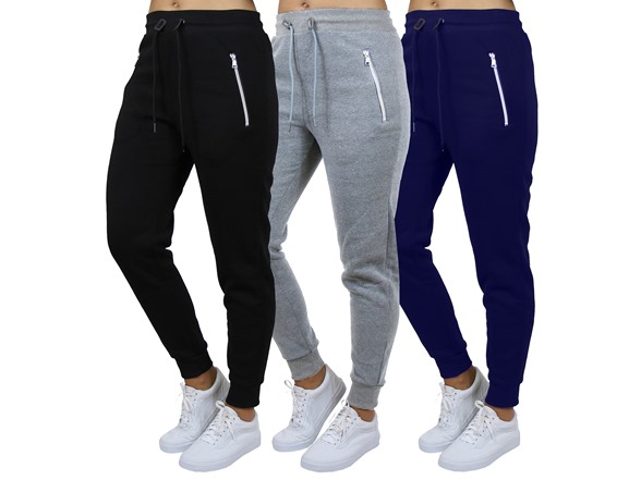 3Pk Womens Fleece Joggers w-Zip Pockets