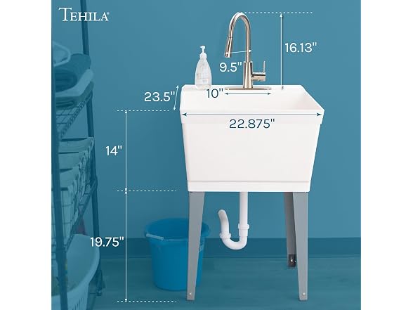 White Utility Sink Laundry Tub with High Arc Stainless Faucet