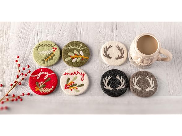 Handmade Holiday Felt Round Coasters Set of 4 Holly