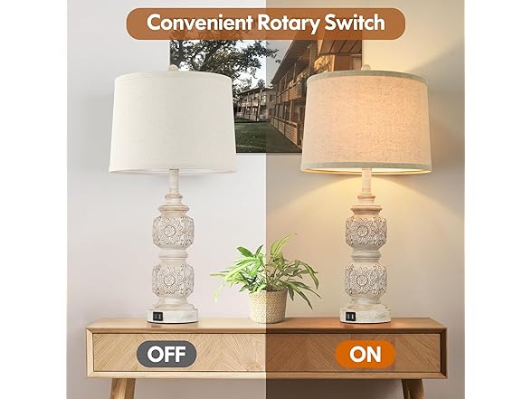 VerRon Carved Floral Lamps with USB Ports