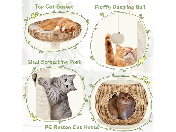 Yaheetech Cat Tree, 29.5in Rattan Cat Tower