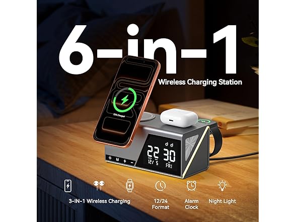 4URPC 6-in-1 Alarm Clock and Charging Station