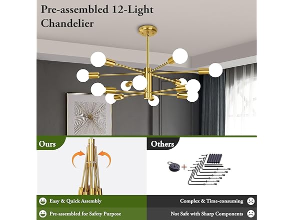 BesLowe 31'' 12-Light Modern Sputnik Chandelier, Gold