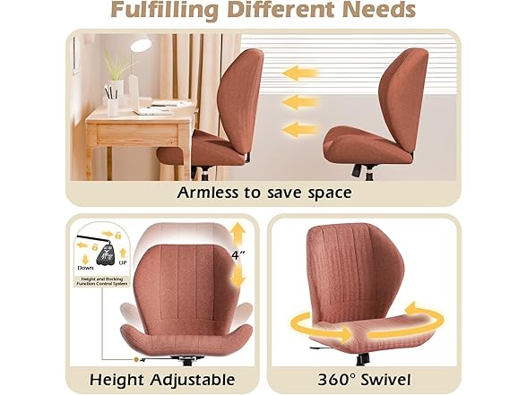 ZZW Criss Cross Chair with Wheels, Wide Cross Legged Office Chair Armless Comfy Desk Chair with Tall Back Vanity Chairs with Stress Relief Curved Design Seat for Bedroom & Office & Home Red Orange (Open Box)