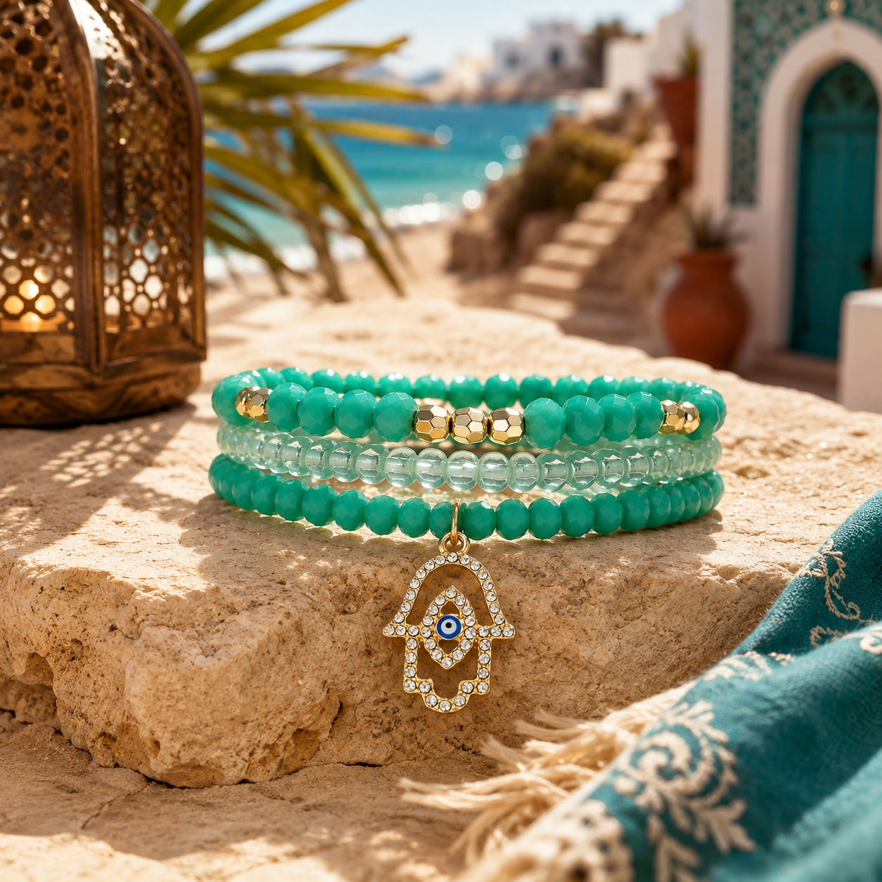 Stretch Beaded Bracelet Stack with Hamsa Charm - Gallery 6