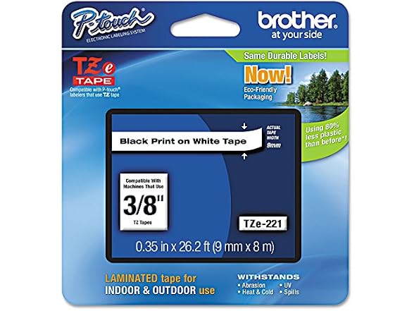 Brother(R) TZe-221 Black-On-White Tape, 0.38in. x 26.2ft., BRTTZ221