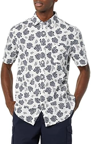 Amazon Essentials Short Sleeve Shirt for Men, Available in Big & Tall, Navy White Palm Leaf, Medium