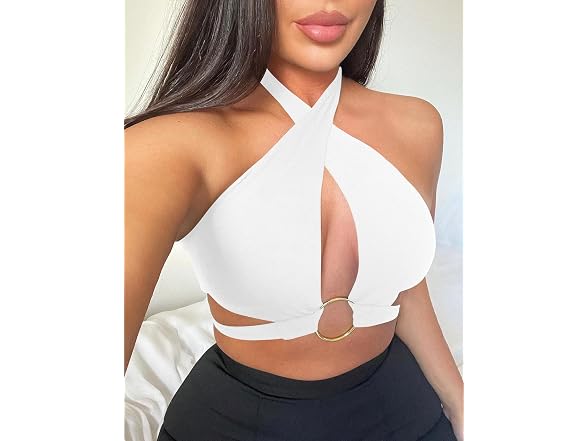 Mizoci Women (S) Sexy Halter Criss Cross Ring Top