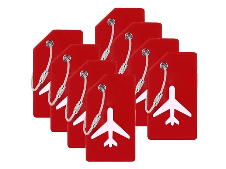 8Pack Luggage Tags for Suitcases with Name Id Card, Silicone Backpacks Handbags Tag with Stainless Steel Rings, Red