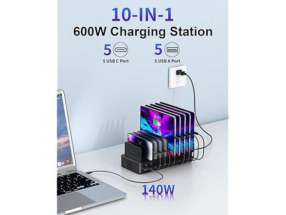 10-Port USB C Fast Charger Station | 600W