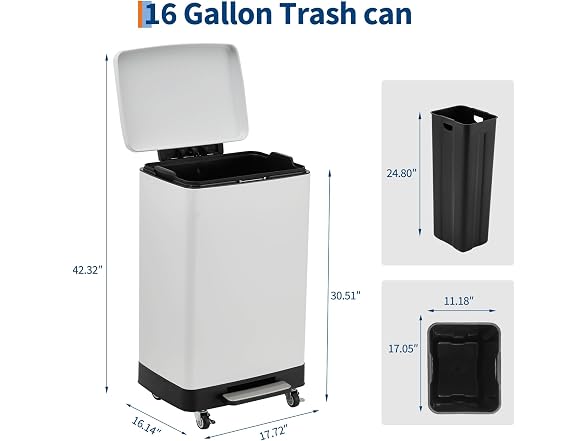 OUTLANE Large 60L Stainless Steel Kitchen Trash Can 