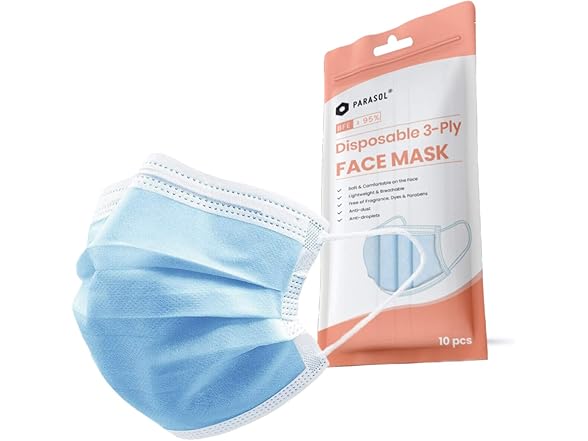 PARASOL Disposable Face Mask, 3 Ply, 10 Ct