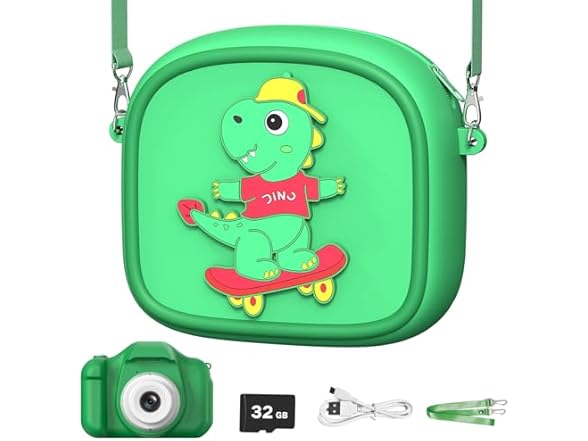 OUTUVAS Dinosaur Kids Camera for Boys, 12MP, 1080P HD Video, Rechargeable Battery, 32GB SD Card, Portable Lanyard, Educational Games, Green, 3-12 Years