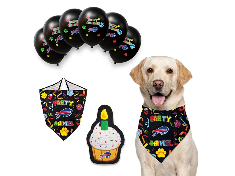 NFL Buffalo Bills Dog Birthday Party Set 9pcs with 1 Football Bandana Small/Medium, 1 Banner, 1 Birthday Cake Toy & 6 B-Day Balloons, Dog Birthday Set, Costume, Fun Doggie Pawty Accesories