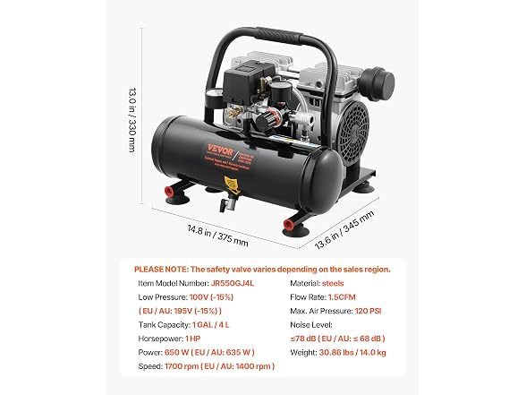 Air Compressor, 1 Gallon Steel Tank, 1HP 1.5 CFM