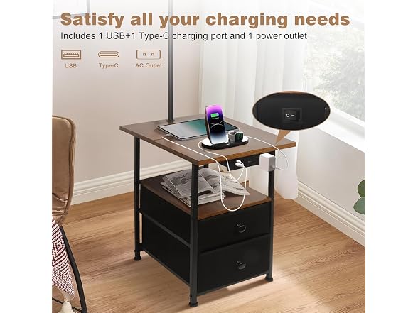PESRAE 2-Drawer Lamp End Table - Rustic