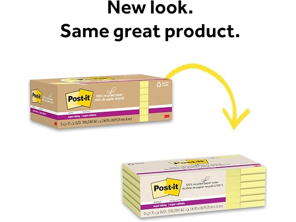 Post-it 100% Recycled Super Sticky Notes, 3 x 3 in, Canary Yellow, 12 Pads