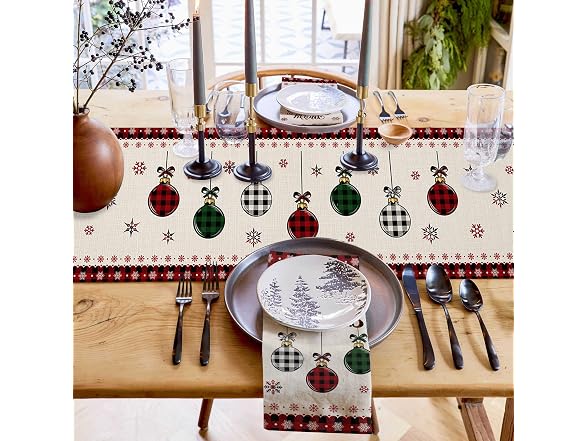 Christmas Table Runner 72 Inch Xmas Ball Buffalo Plaid