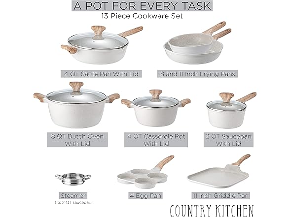 Country Kitchen Non-Stick Cast Aluminum Cookware Cream, 13 Pc.