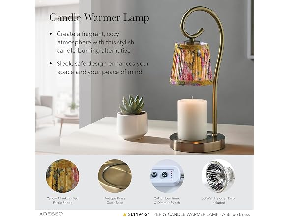 Adesso Candle Warmer Lamp, Antique Brass & Floral Shade