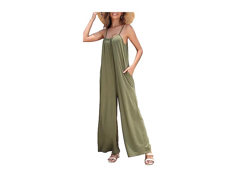 FKEEP Women's Loose V Neck Sleeveless Jumpsuits Adjustable Spaghetti Strap Romper Casual Wide Legs Pants with Pockets(A-Army Green,2X-Large)