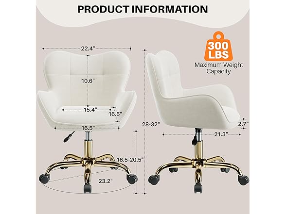 BestEra Vanity Chair with Wheels, Cute Home Office Desk Chairs Adjustable Height for Living Bedroom, Small Modern Fluffy Velvet Makeup Chair with Back for Girls (White) (Open Box)