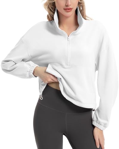 FKEEP Quarter Zip Pullover Women Cropped Sweatshirt Long Sleeve Crop Top Stand Collar Drawstring Casual Pullover zWhite XL