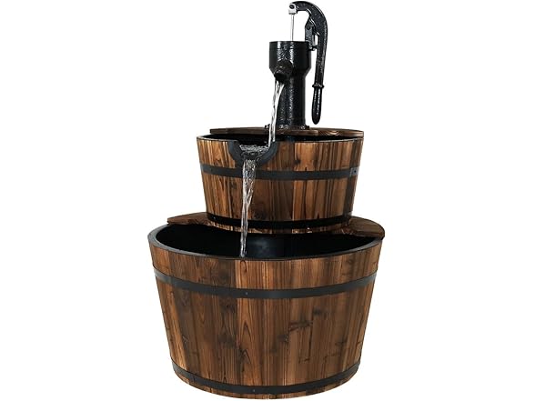 Sunnydaze 2-Tier Wood Barrel Water Fountain - 34-Inch