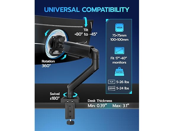 ARES WING 17" to 40" Black Heavy Duty Monitor Arm